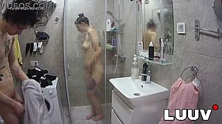 Luuv's webcam couple flashes tits in amateur shower routine