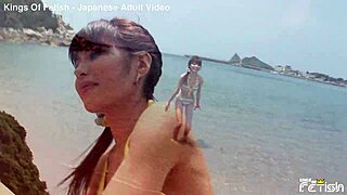 Skinny Japanese flaunts petite tits beach photoshoot