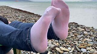 Teasing Nylon Feet in Jeans Outdoors
