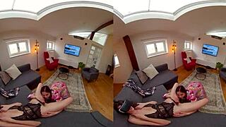 Two Czech Sluts Lick Huge Cock Before Group Pound in Lingerie POV