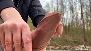 Teasing Nylon Feet in Jeans Outdoors
