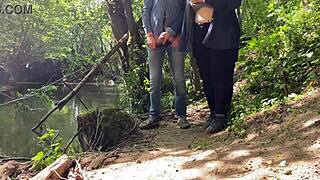 mature mother-in-law's amazing wet handjob on monster cock outdoors