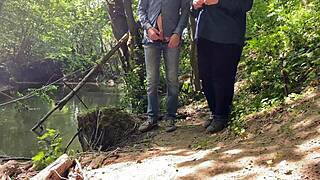 mature mother-in-law's amazing wet handjob on monster cock outdoors