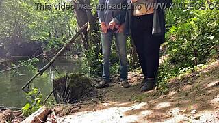 mature mother-in-law's amazing wet handjob on monster cock outdoors