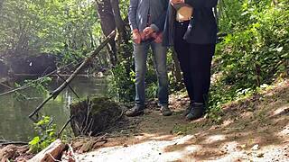 mature mother-in-law's amazing wet handjob on monster cock outdoors