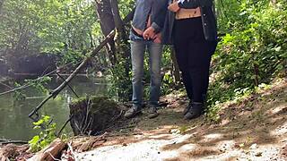 mature mother-in-law's amazing wet handjob on monster cock outdoors