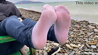 Teasing Nylon Feet in Jeans Outdoors