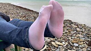 Teasing Nylon Feet in Jeans Outdoors