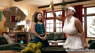 Kimmy Kimm Wants Stepmom Romi Rain's Cute Tennis Outfit for Naughty Licking Fun