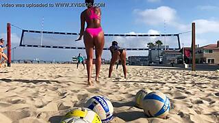 Whoa big booty African volleyball babe shaking that ass on beach! 🍑🏖️