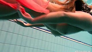 Hey big tits Silvie dive in pool bikini slips to flash hairy pussy underwater