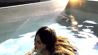 Asian milf fingers juicy shaved pussy at swimming pool 😘💦