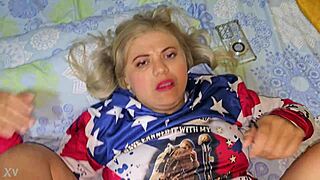 blonde in blouse teases with usa fucking allure