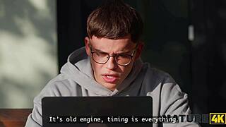 mature nerd grabs big tits milf for first time shaved pussy pounding