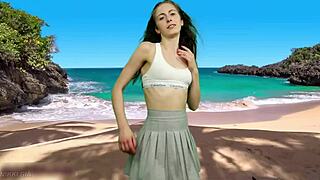 No panties under skirt blows up with beach wind gusts!