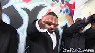 i'm obsessed with this busty babe slurping cocks for bukkake load