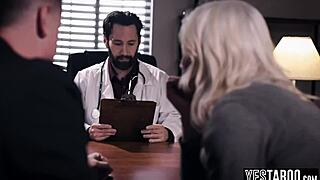 Mature doctor grabs curvy big boobs milf patient. He rails her pussy hardcore on office desk with monster cock.