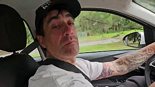 We Suck Huge Cock in Car and Swallow Street Creampie Load!