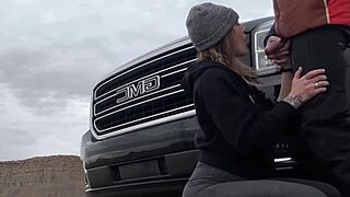 Wife slurps huge cock roadside for public eyes