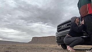 Wife slurps huge cock roadside for public eyes