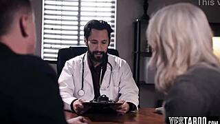 Mature doctor grabs curvy big boobs milf patient. He rails her pussy hardcore on office desk with monster cock.