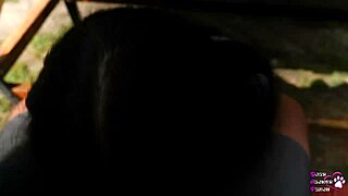 Huge cock girlfriend slurps sloppy backyard undertable blowjob straight down her throat