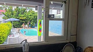 Housewife Flashes Pussy to Husband's Friends in Kitchen Voyeur Fun