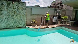 Brunette Milf Deepthroats Monster Cock by Pool Before Gaping Pussy