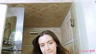 alluring teen brunette showers seductively before daddy casting interview on sofa