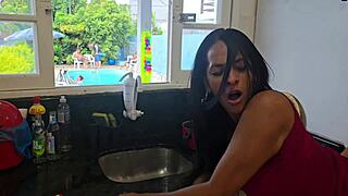 Housewife Flashes Pussy to Husband's Friends in Kitchen Voyeur Fun