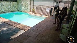 Brunette Milf Deepthroats Monster Cock by Pool Before Gaping Pussy