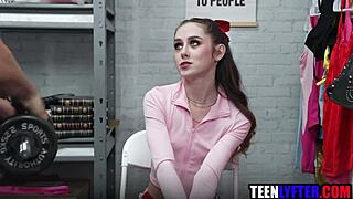 hey check out this skinny teen shoplifter getting her shaved pussy pounded hard by the mall cop uniform