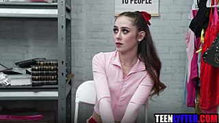 hey check out this skinny teen shoplifter getting her shaved pussy pounded hard by the mall cop uniform