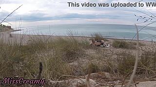 French Teacher Slut Caught Flashing on Nude Beach Gives Stranger Blowjob Cumshot Public