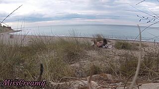 French Teacher Slut Caught Flashing on Nude Beach Gives Stranger Blowjob Cumshot Public