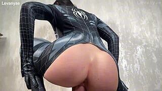 Spider Girl in Cosplay Rides Huge Dildo to Gaping Wet Pussy Orgasm Cowgirl Style
