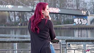Redhead German student Melina spreads legs for scout's monster cock cash on street