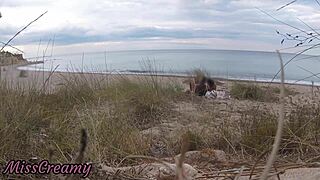 French Teacher Slut Caught Flashing on Nude Beach Gives Stranger Blowjob Cumshot Public