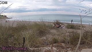 French Teacher Slut Caught Flashing on Nude Beach Gives Stranger Blowjob Cumshot Public