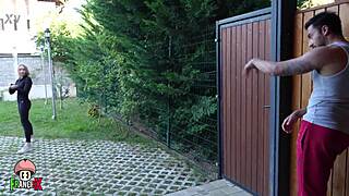 Stepsis yoga in garden turns into neighbor's cock ride