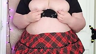 damn, look at this hairy bbw spreading her huge dripping pussy lips with no panties under that miniskirt!