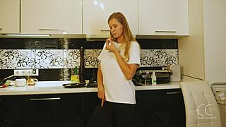 skinny blonde savors egg in playful food tease with wet pussy hints