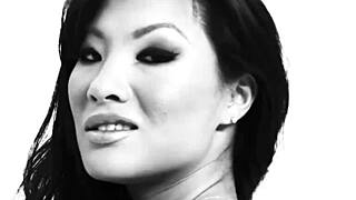 Stunning Asa Akira masturbates her wet shaved pussy solo big tits brunette