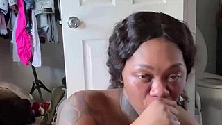 WOW EBONY SLUT GAGS ON MONSTER BBC WITH SLOPPY SPIT AND BALL LICKS!