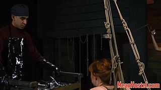 redhead teen gags deep while getting rough banged