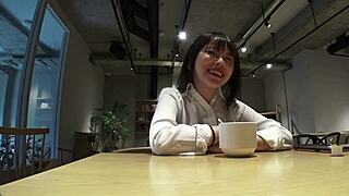 office colleague gives teasing blowjob in hotel room after work