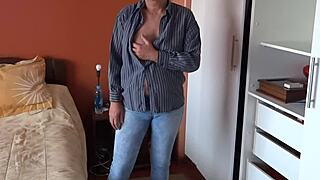 your mom's friend fingers her wet pussy while you peek, her huge tits heaving as she cums hard