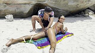 Brazilian muscular latina calls me to nudist beach and fucks me filling pussy with cum