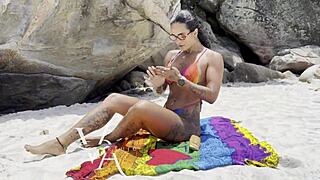 Brazilian muscular latina calls me to nudist beach and fucks me filling pussy with cum