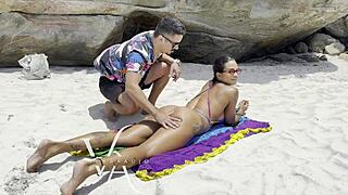 Brazilian muscular latina calls me to nudist beach and fucks me filling pussy with cum